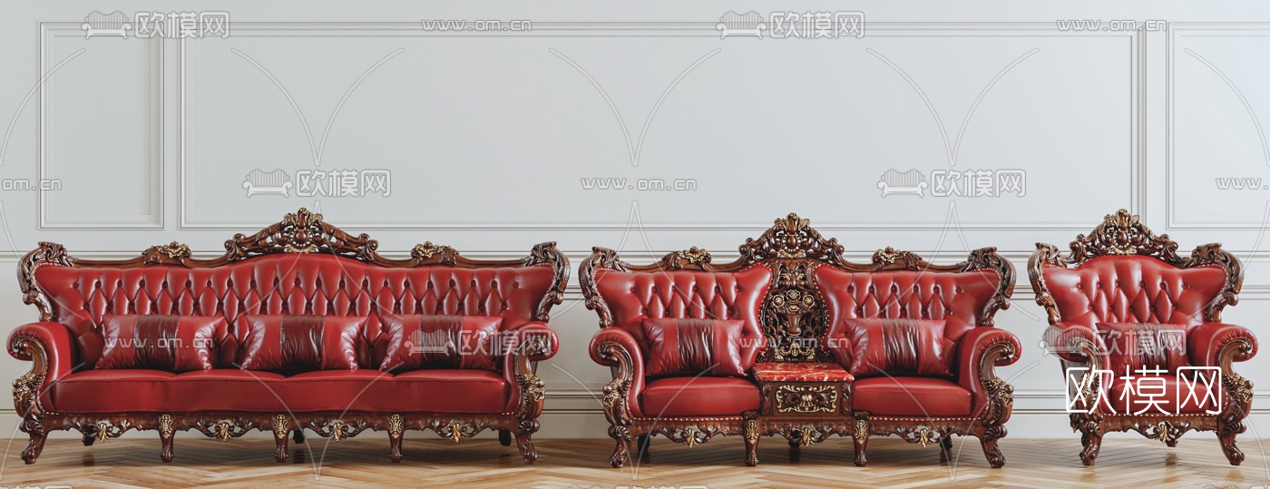 法式皮革多人双人单人沙发组合3D模型下载
