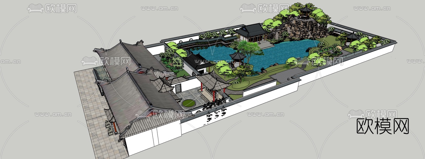 中式园林院落su模型下载（渲染图2）