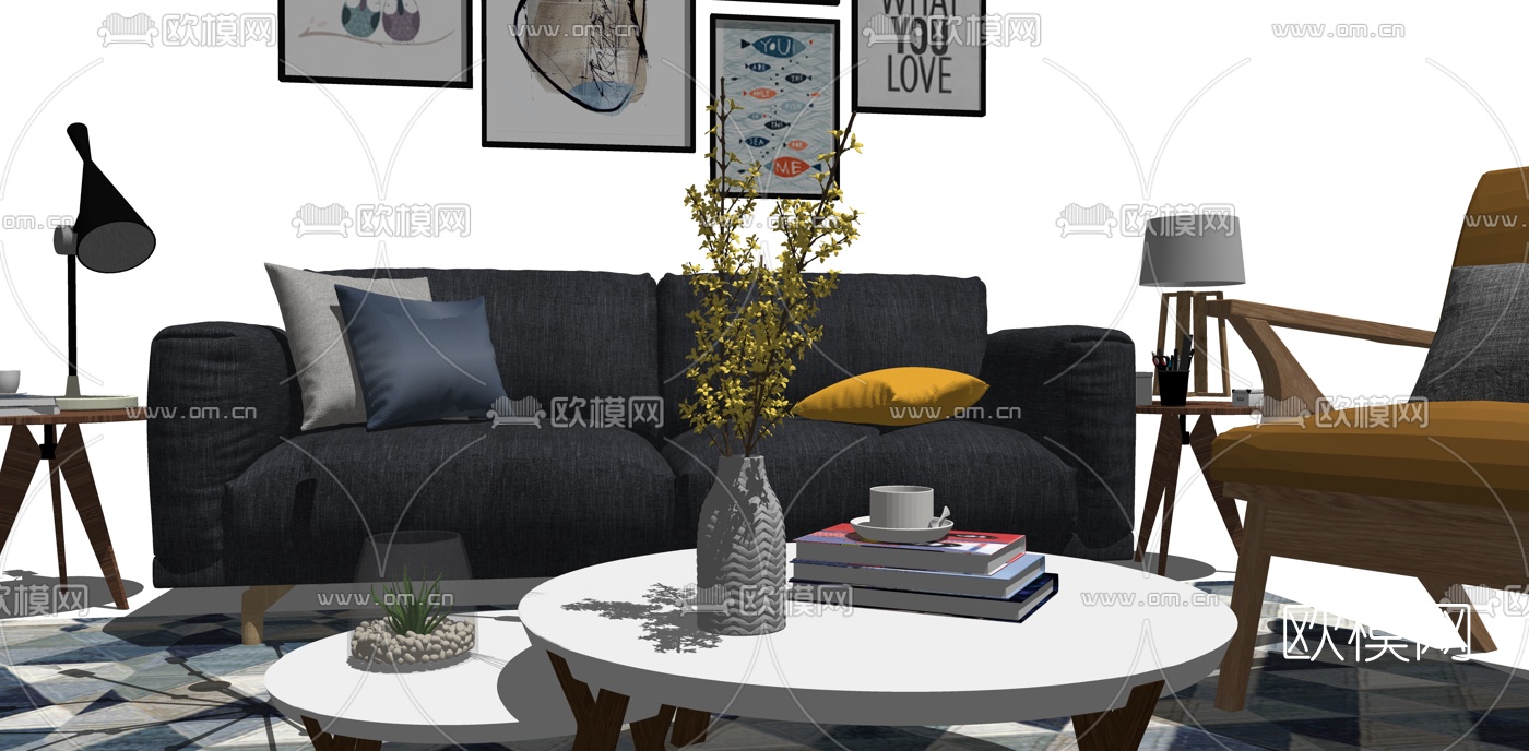 北欧沙发组合su模型下载（渲染图1）