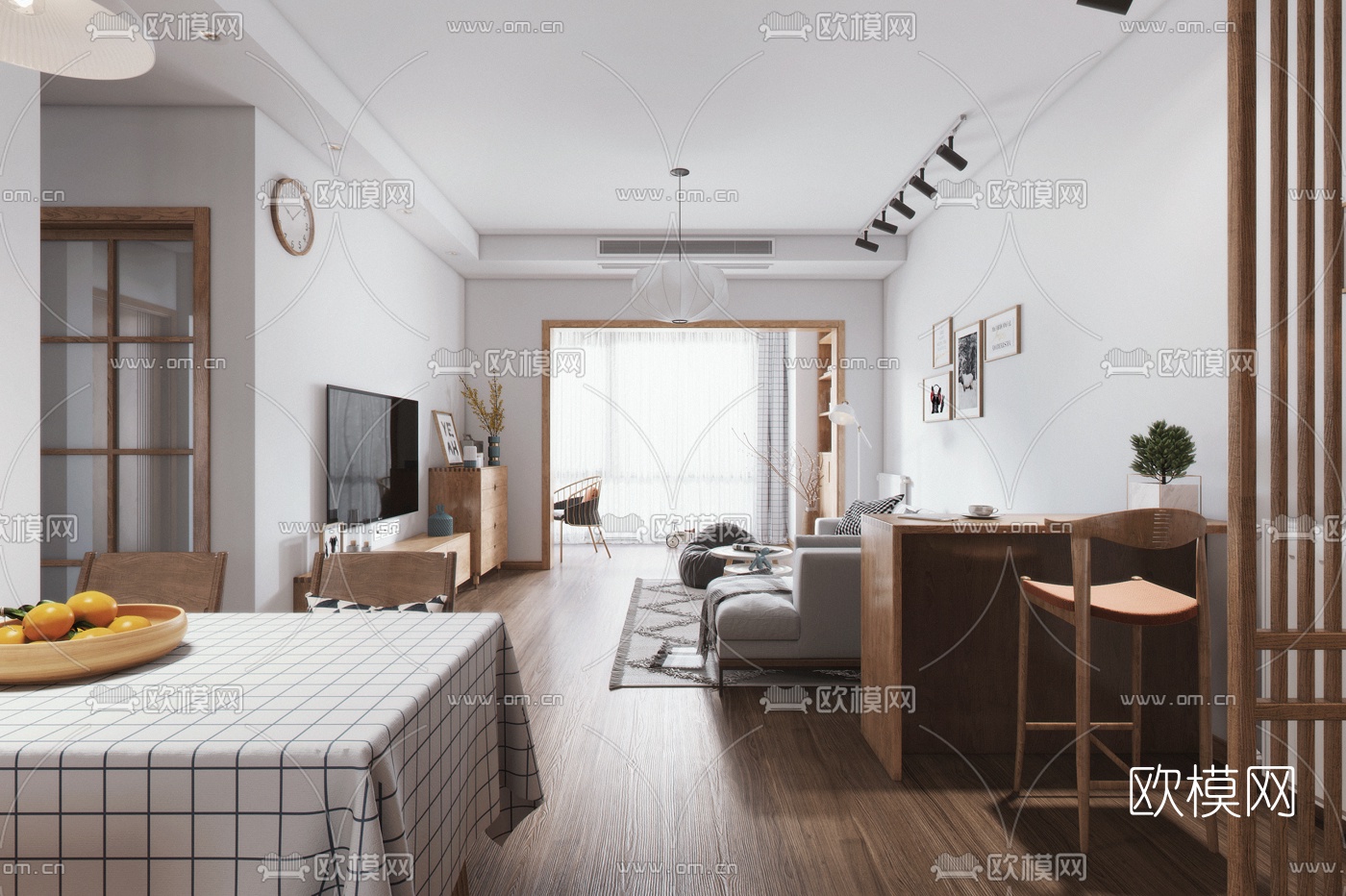 日式客厅餐厅3d模型下载（渲染图2）