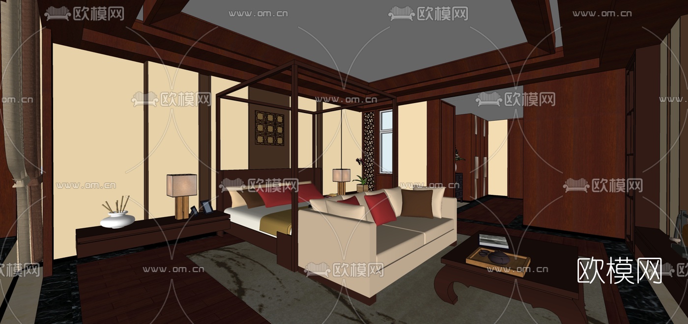新中式别墅大堂餐厅su模型下载（渲染图3）