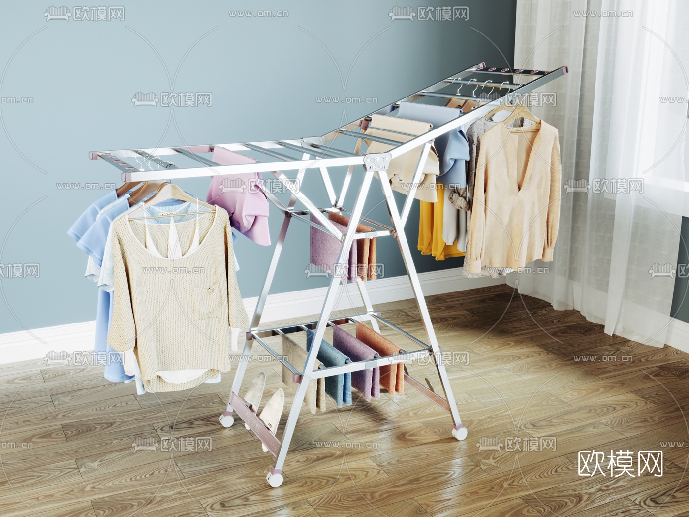 现代金属落地折叠晾衣杆3d模型下载（渲染图1）