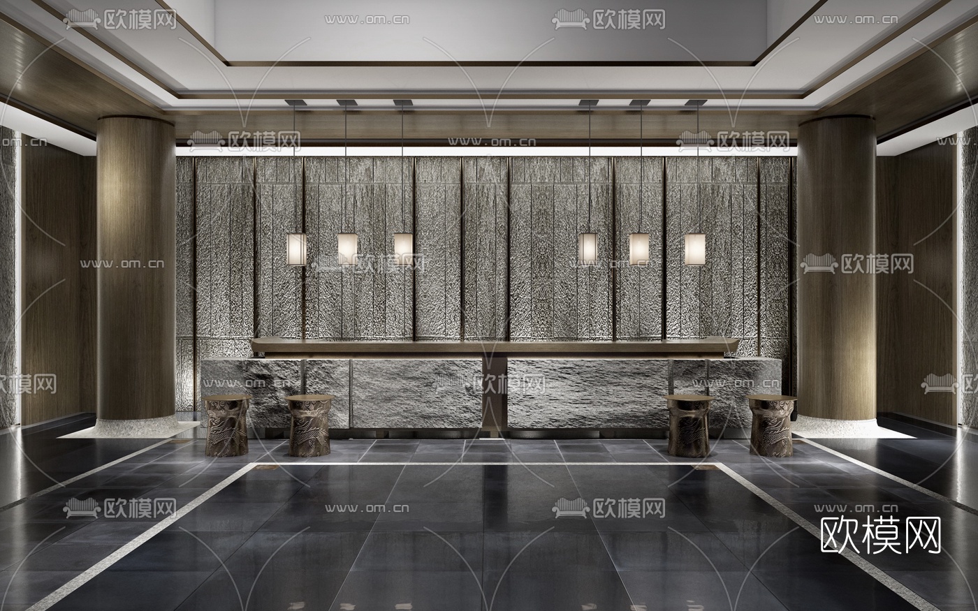 新中式酒店前台大厅3d模型