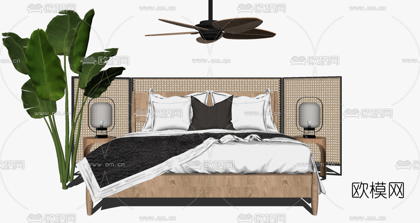 北欧实木双人床组合su模型下载（渲染图1）