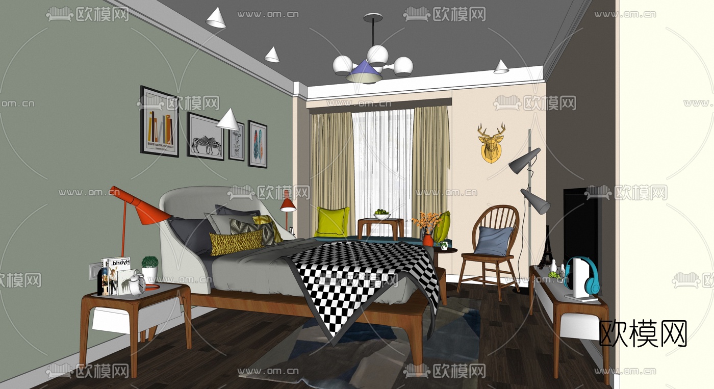 北欧卧室su模型下载（渲染图2）