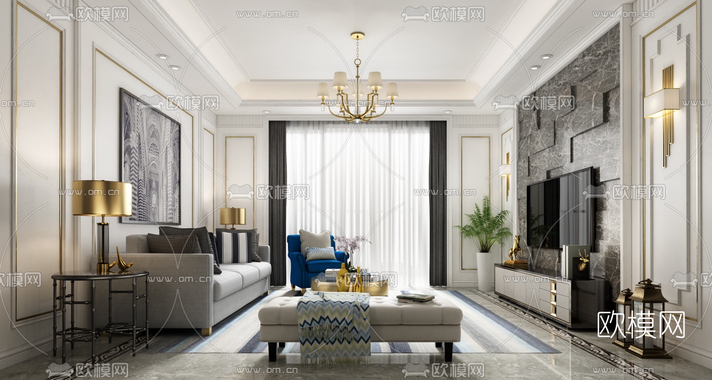 后现代客厅3D模型下载（渲染图1）