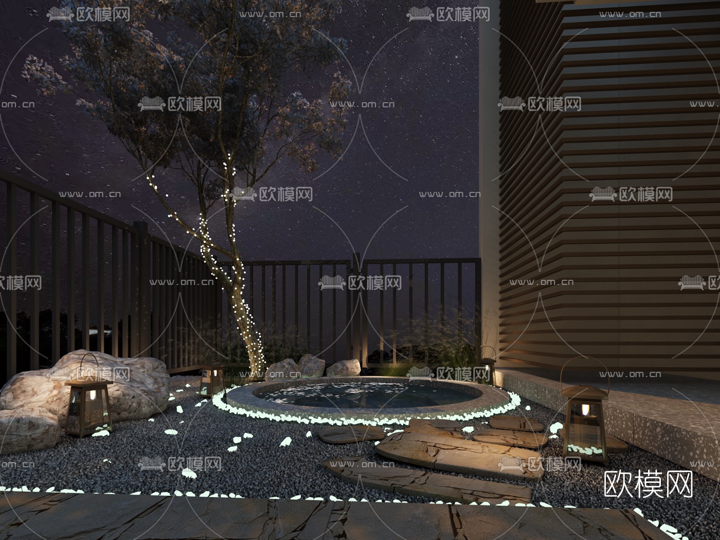 现代庭院花园夜景3d模型