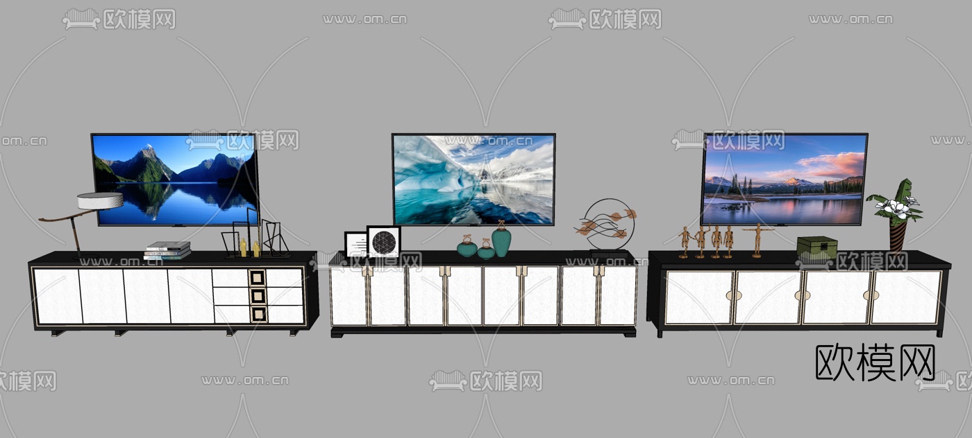 新中式电视柜组合su模型下载（渲染图1）
