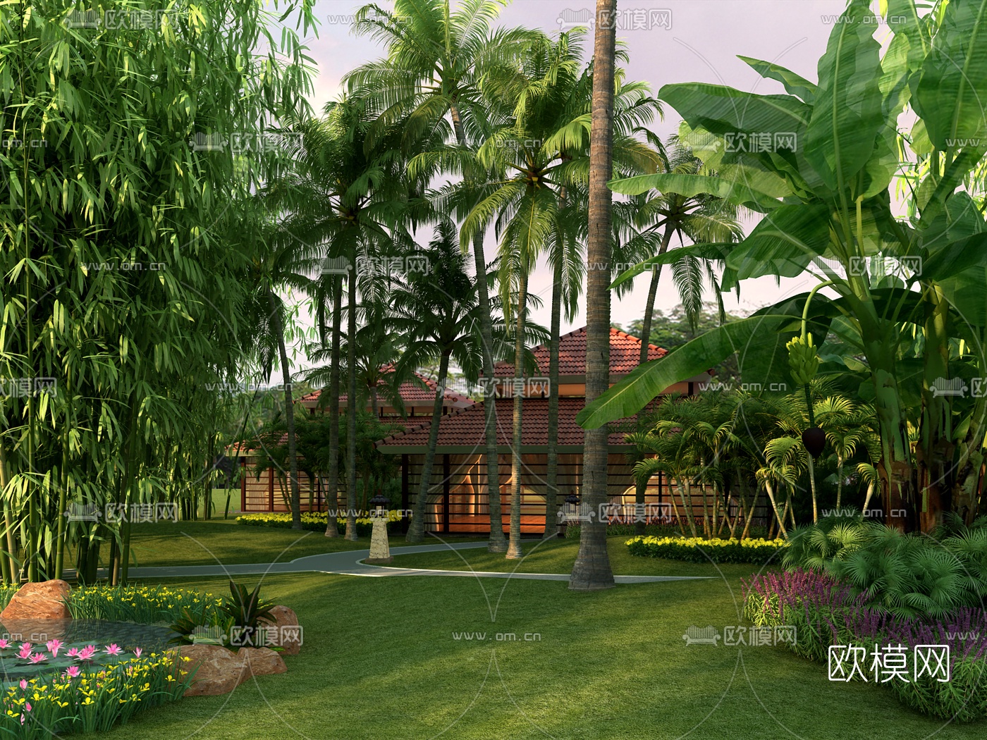 现代别墅花园景观3d模型下载