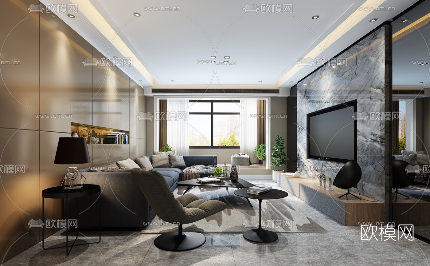 现代轻奢客厅餐厅3D模型