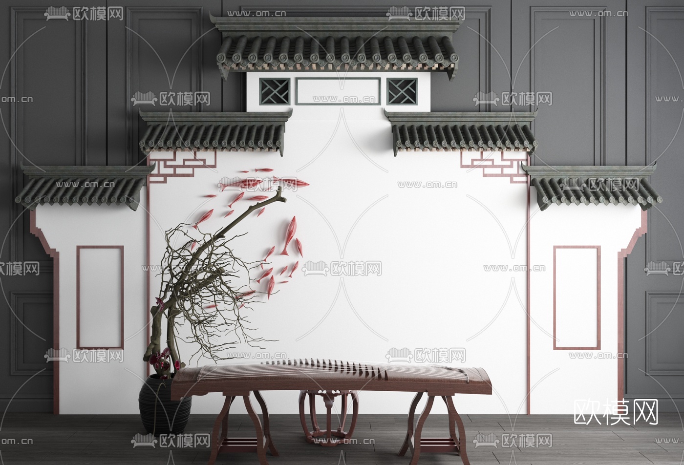 新中式徽派马头墙古筝3d模型