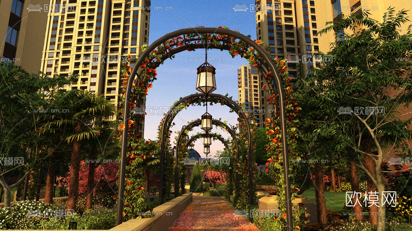 简欧住宅小区园林景观3d模型下载