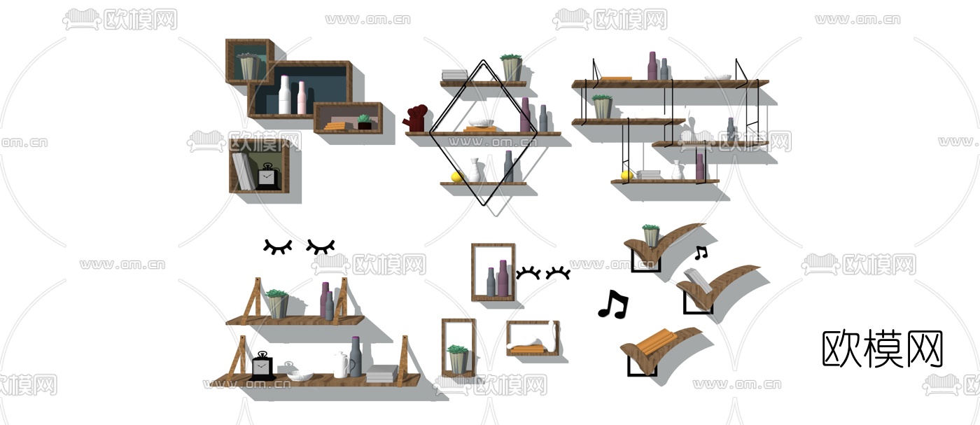 北欧置物架搁板摆件组合su模型下载