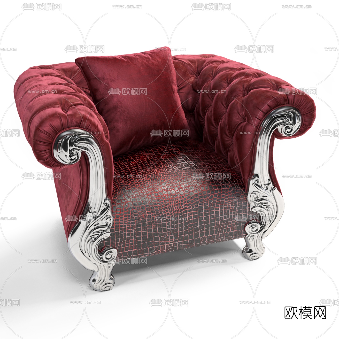 欧式红色绒布单人沙发3d模型