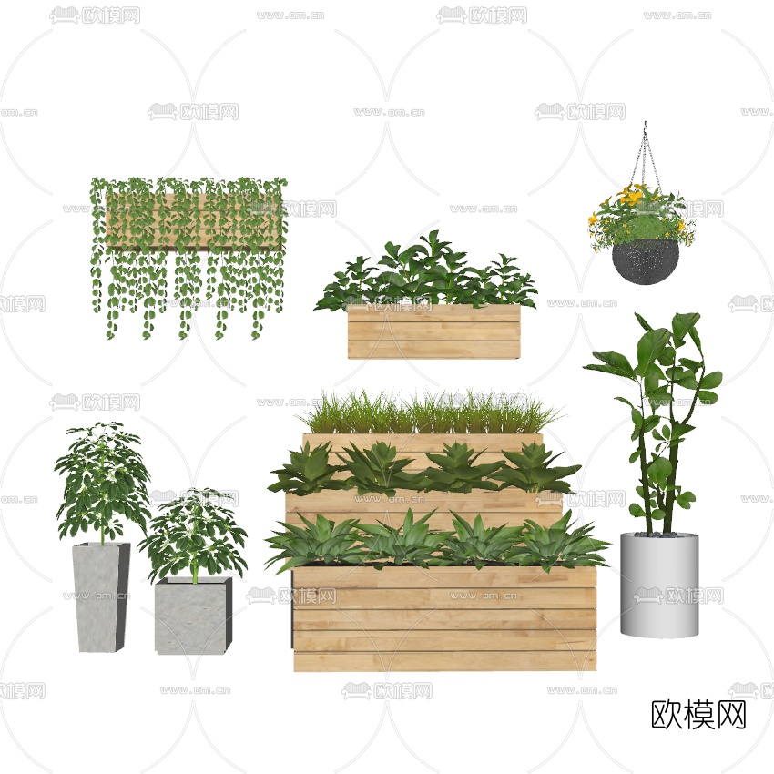 现代吊兰盆栽组合su模型下载（渲染图2）