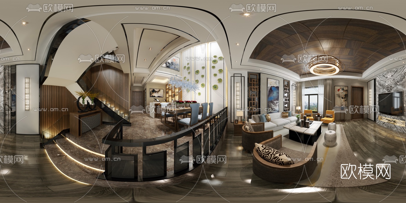 新中式别墅客餐厅全景3D模型