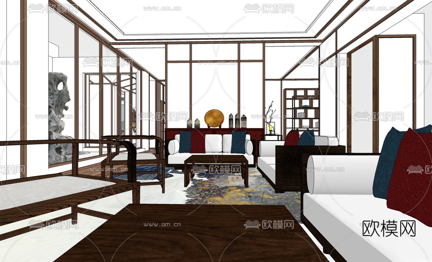 新中式会所会客室su模型下载（渲染图5）