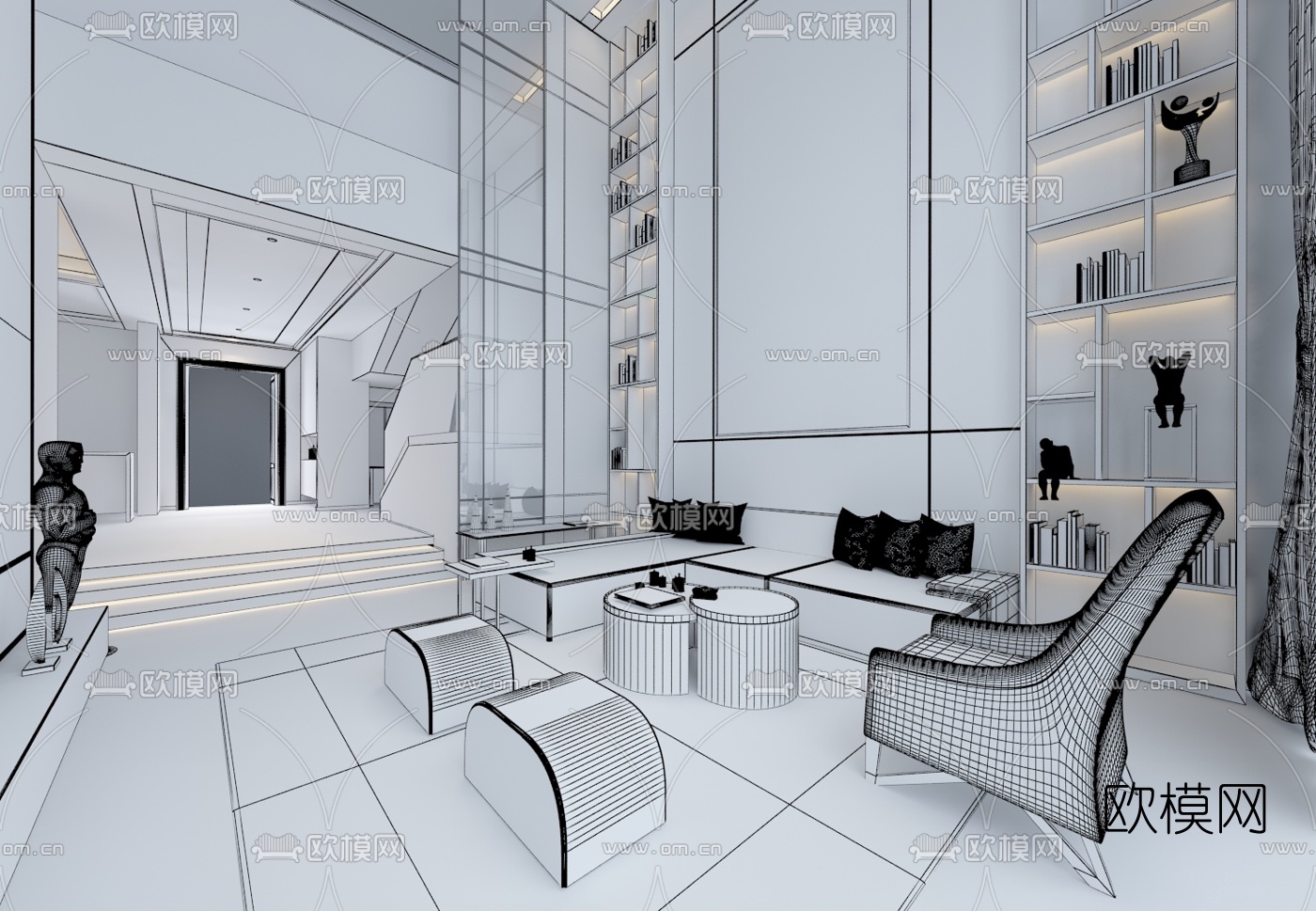 伽曼嘉设计 现代别墅客厅3D模型下载（渲染图2）