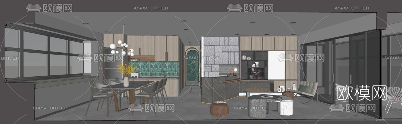 现代轻奢客餐厅su模型下载（渲染图3）