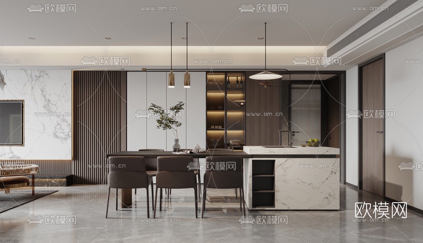 现代客厅餐厅3d模型