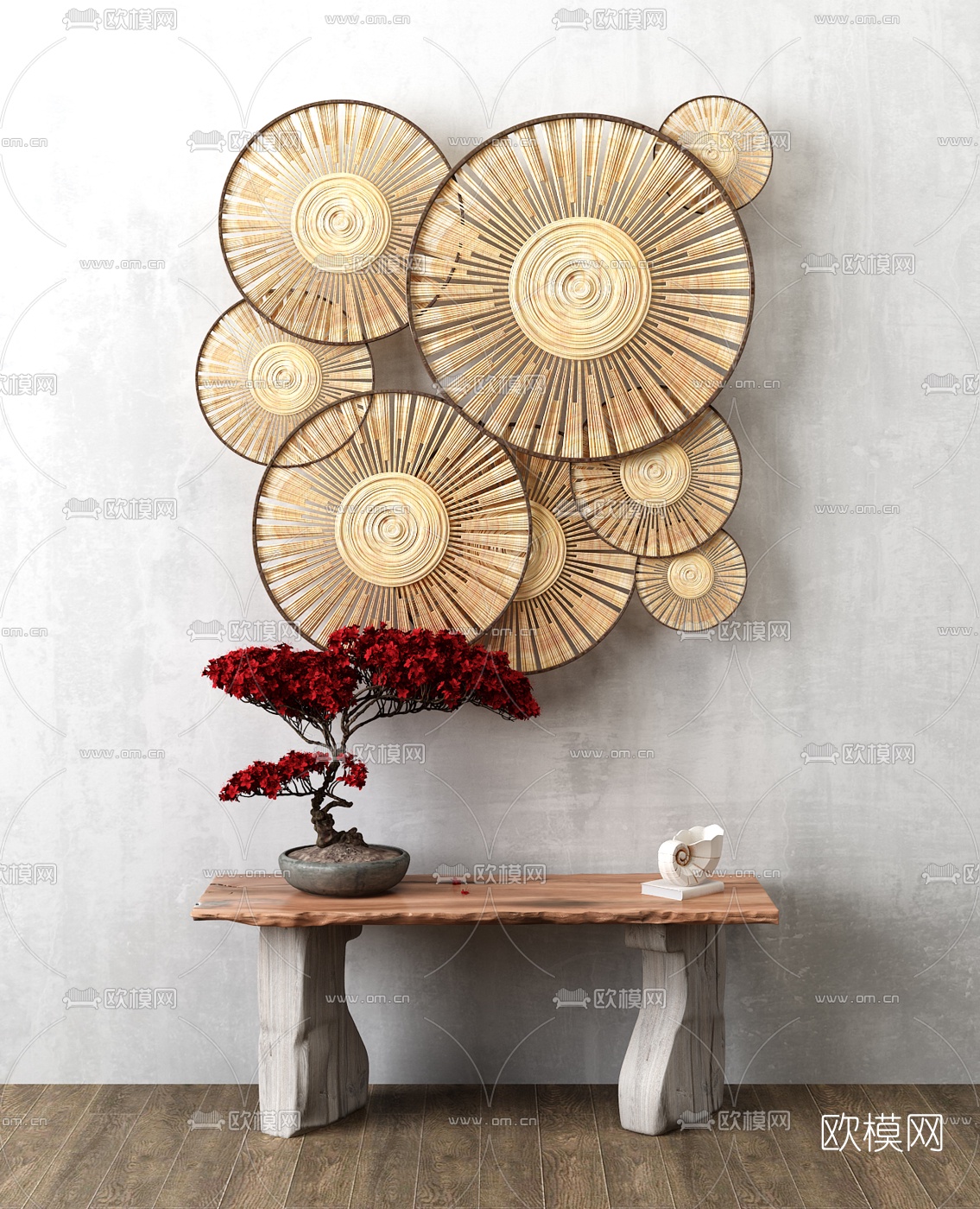 中式墙饰挂件盆栽组合3d模型下载