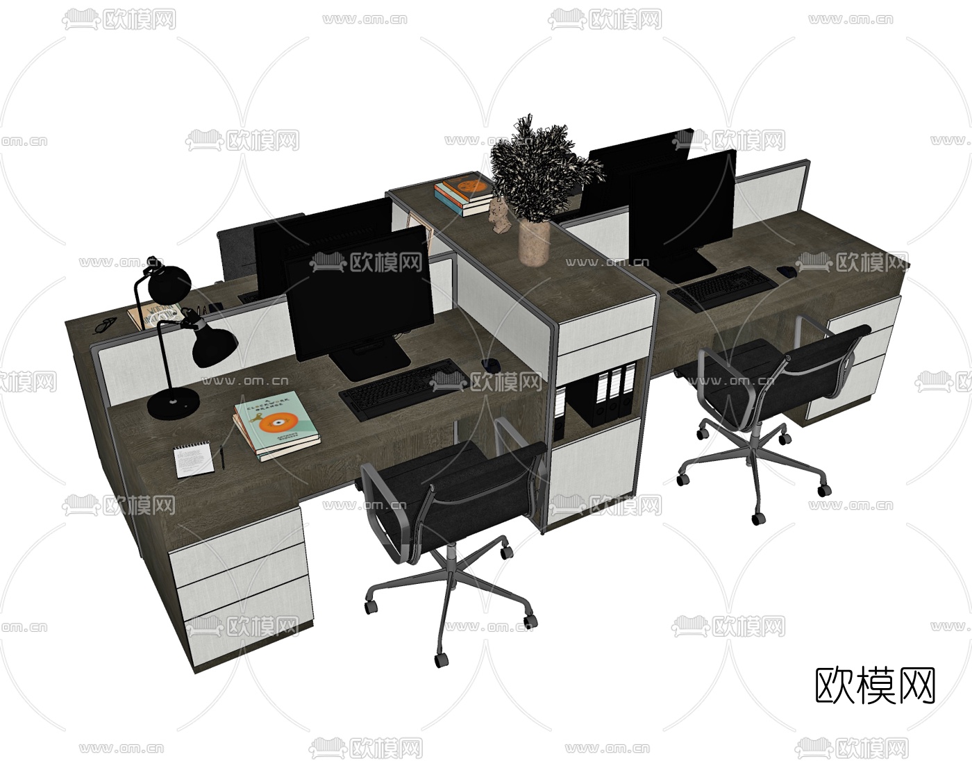 现代办公桌椅卡位su模型下载（渲染图2）