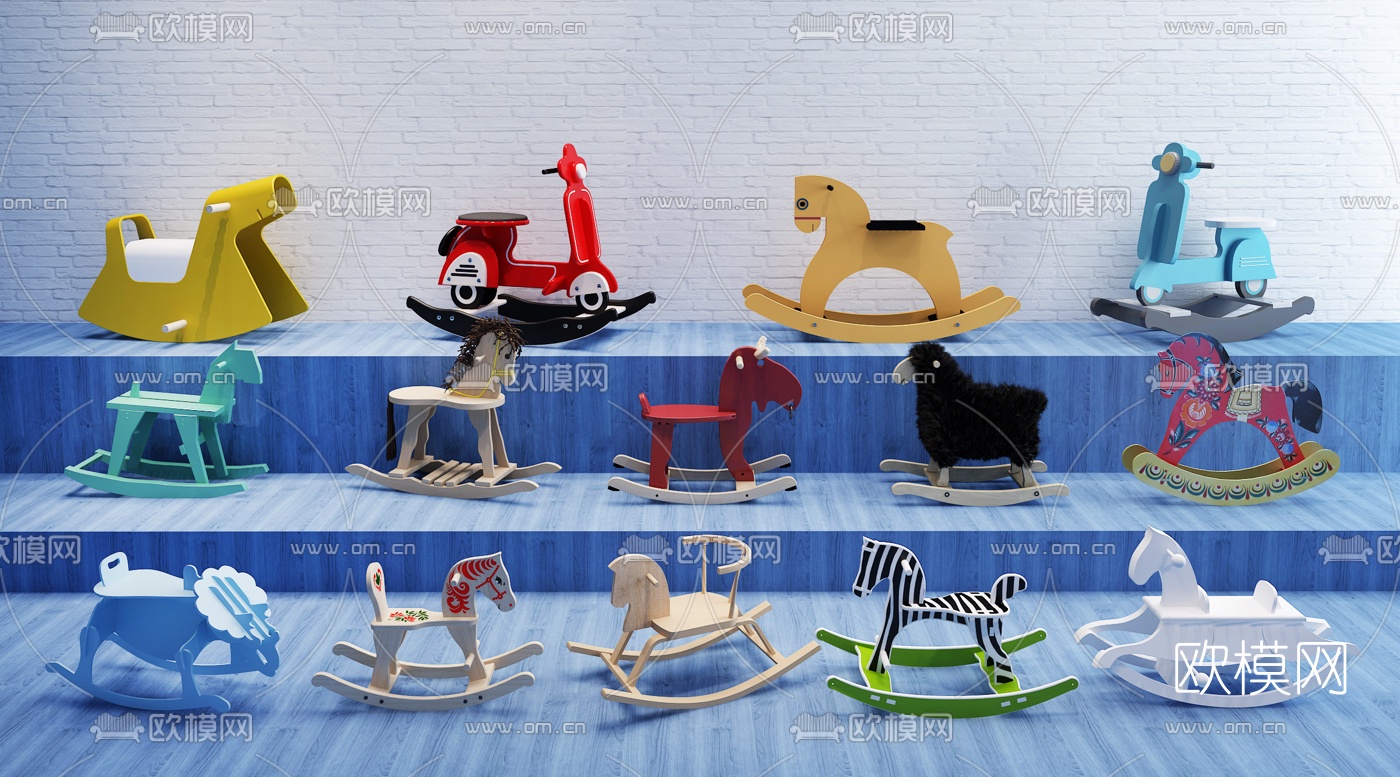 现代儿童木马摇椅玩具3D模型下载（渲染图1）