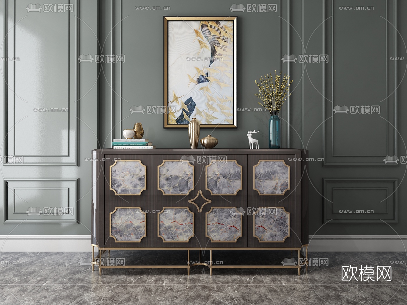 美式轻奢边柜3d模型下载（渲染图1）