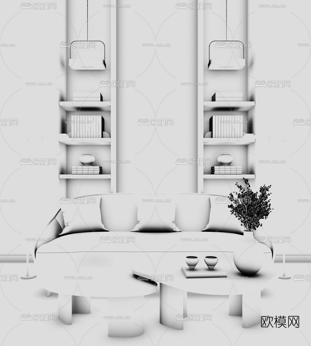 吴斌设计 现代双人沙发书柜组合3D模型