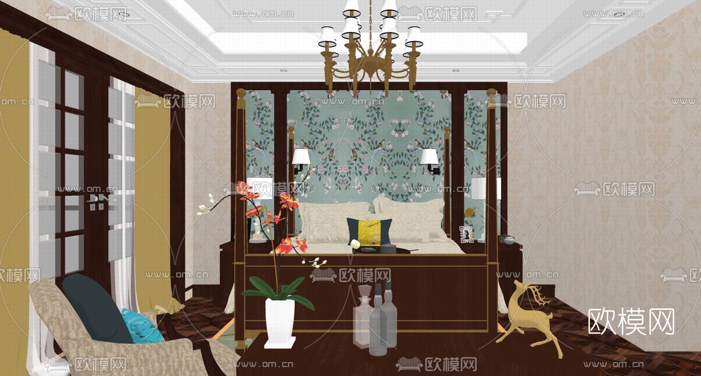 欧式卧室主人房su模型下载（渲染图1）
