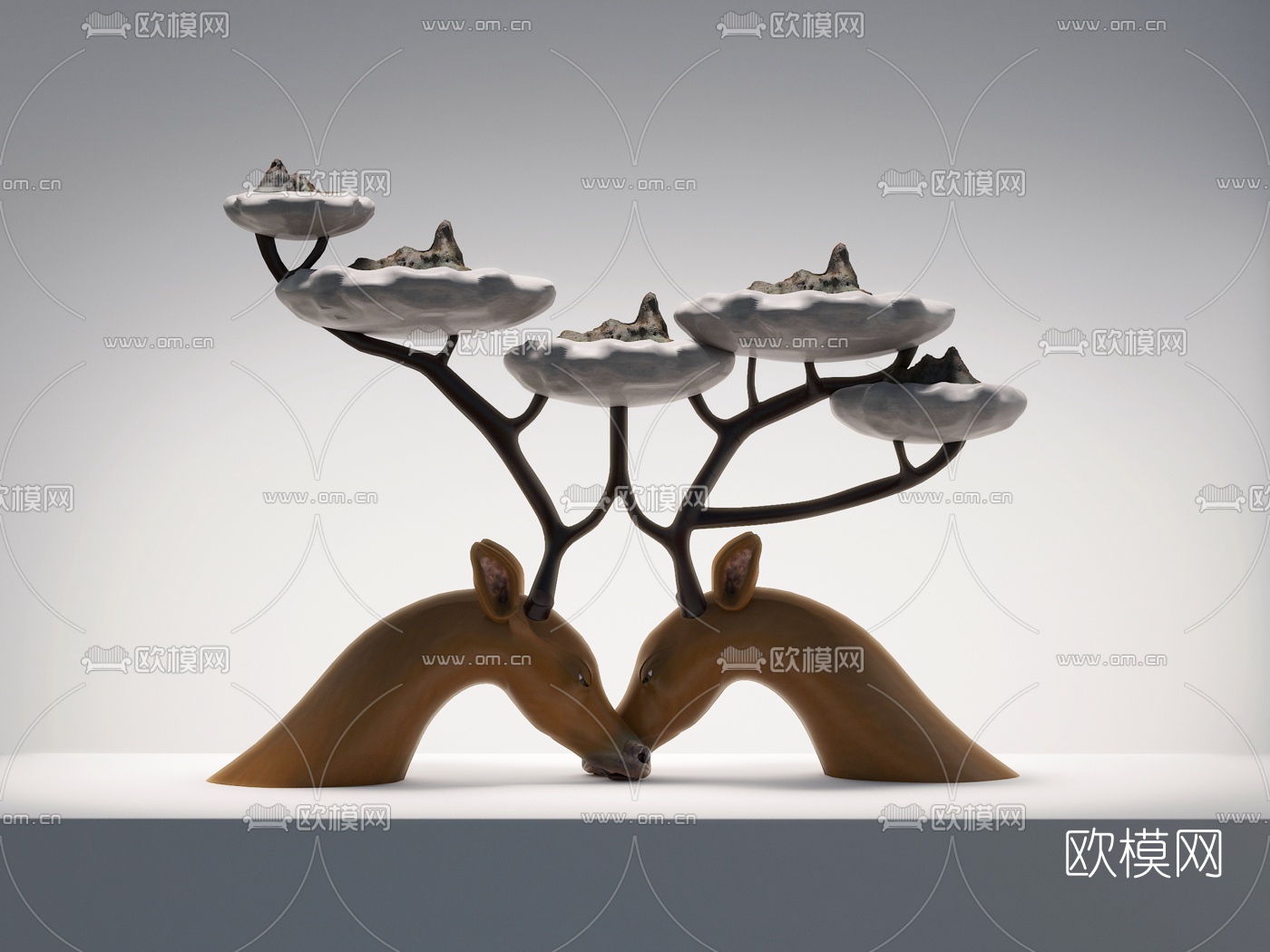 新中式山水鹿头雕塑3d模型下载（渲染图2）