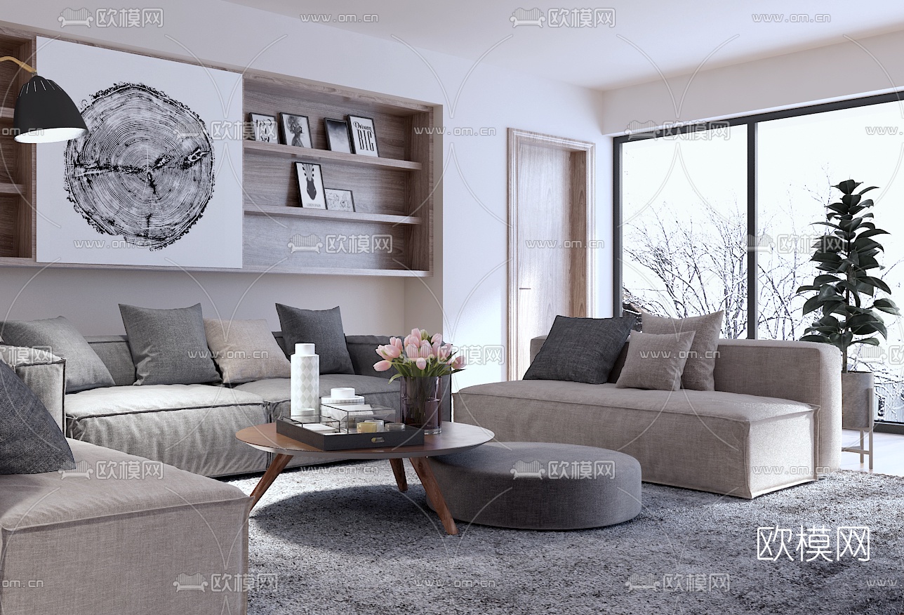 北欧布艺沙发茶几组合3D模型下载（渲染图3）