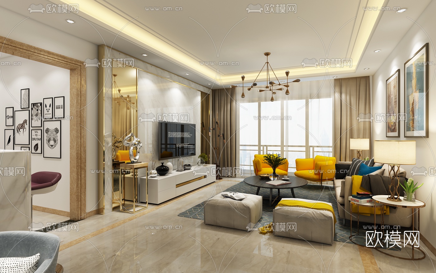 后现代客厅餐厅3D模型