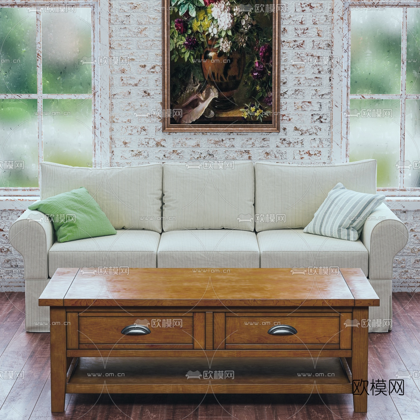 美式布艺多人沙发组合 三人沙发3d模型下载