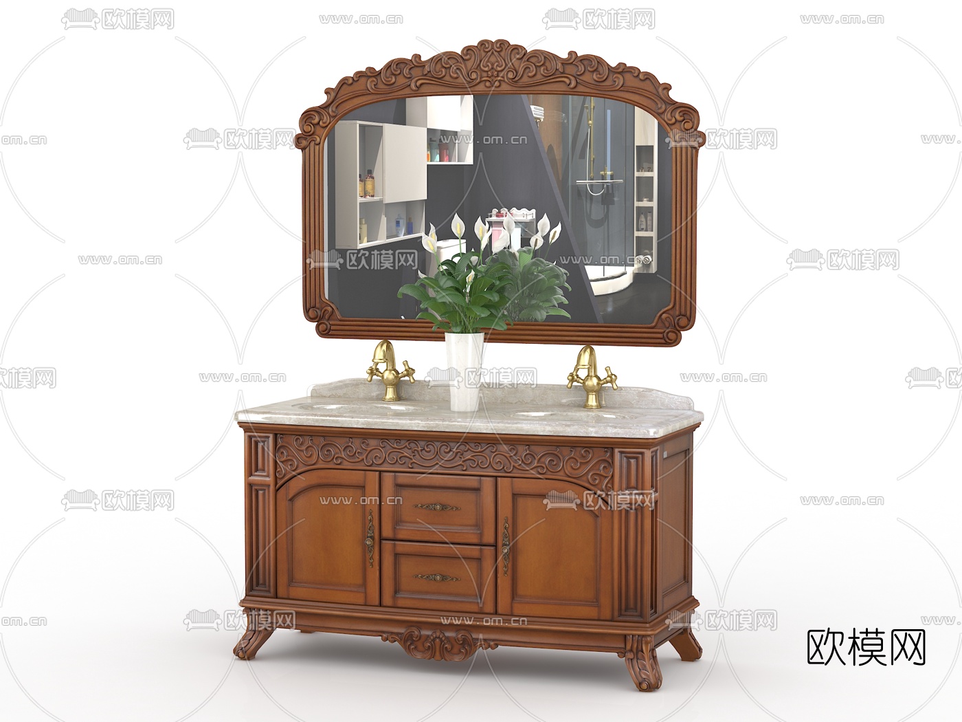 美式实木浴室柜洗手台3d模型下载