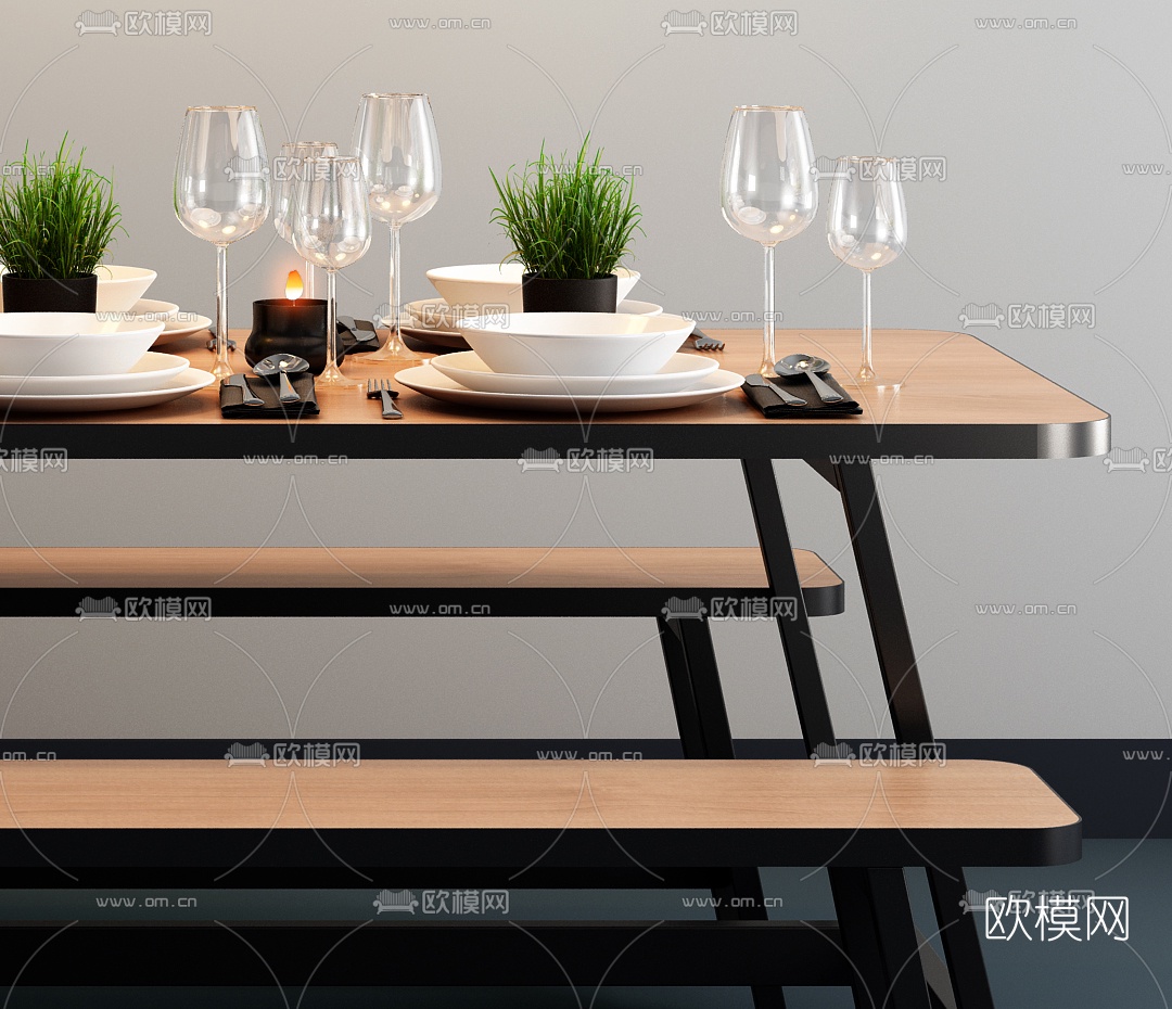 工业风餐桌凳子吊灯组合3D模型下载（渲染图2）