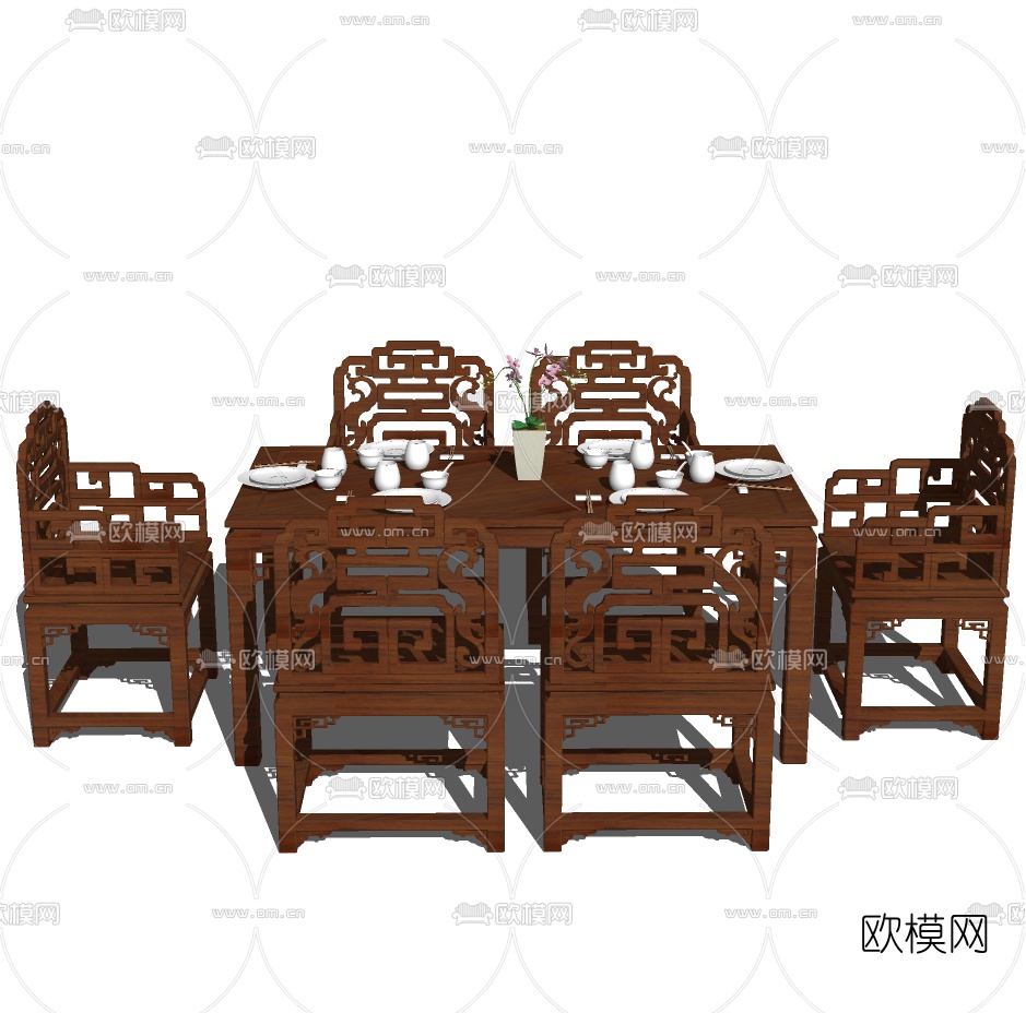 中式实木餐桌椅免费su模型下载（渲染图3）