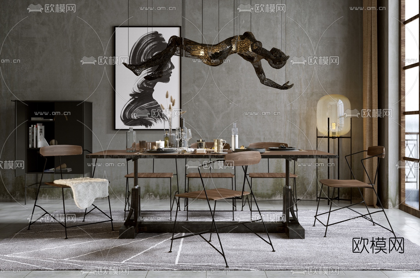 工业风长形餐桌椅3d模型下载