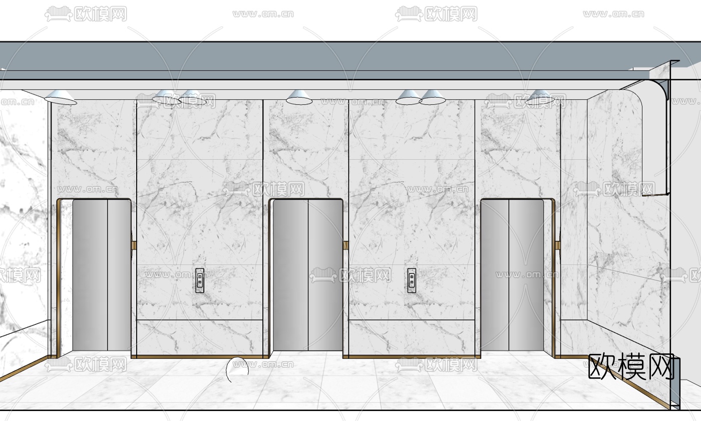 现代写字楼电梯厅su模型下载（渲染图1）