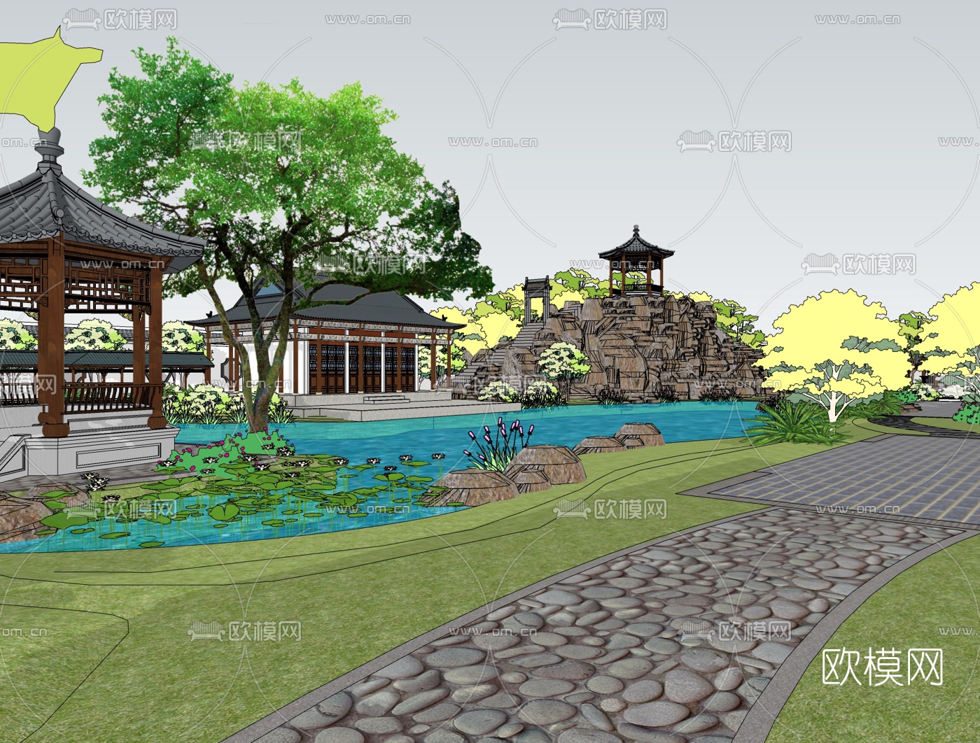 中式园林院落su模型下载（渲染图4）