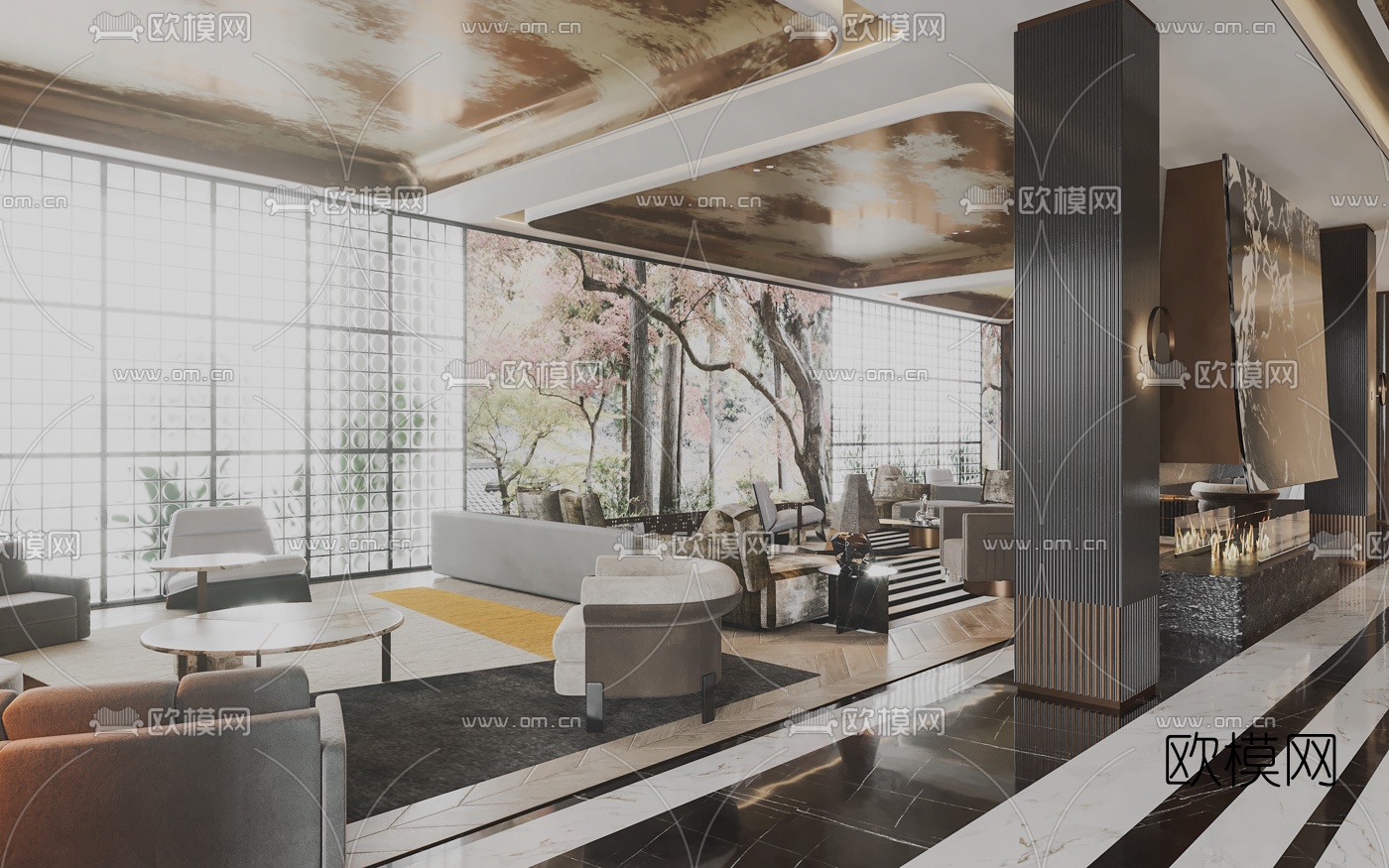 现代轻奢酒店大堂吧3d模型下载（渲染图2）