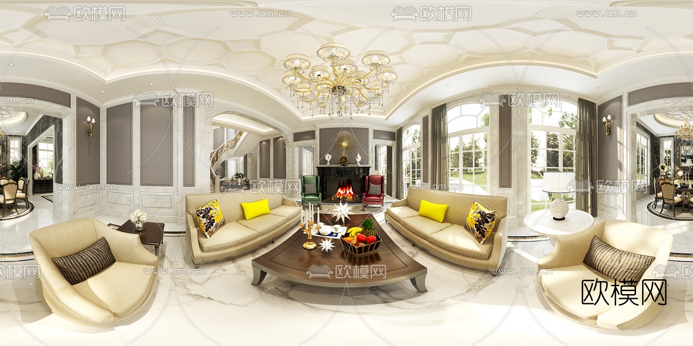 欧式复式客厅餐厅全景3D模型