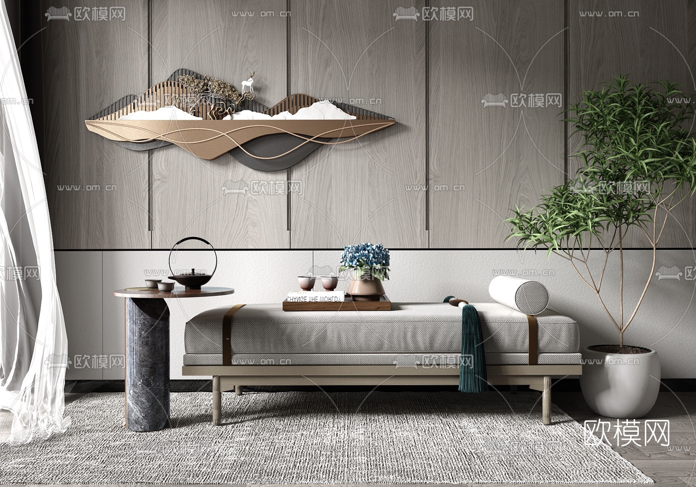 现代轻奢沙发凳su模型下载（渲染图1）