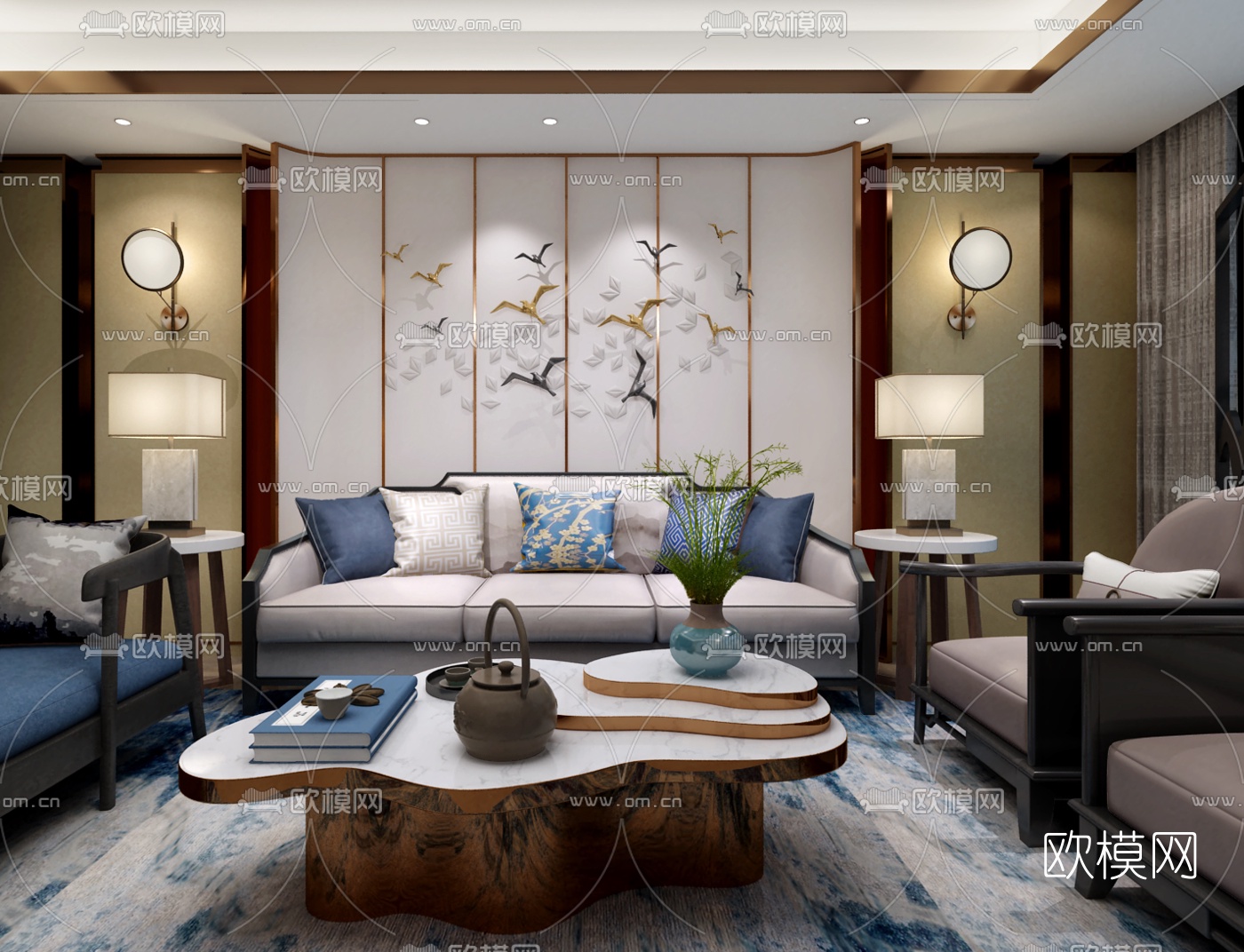 伊派设计 新中式客厅3d模型下载（渲染图2）
