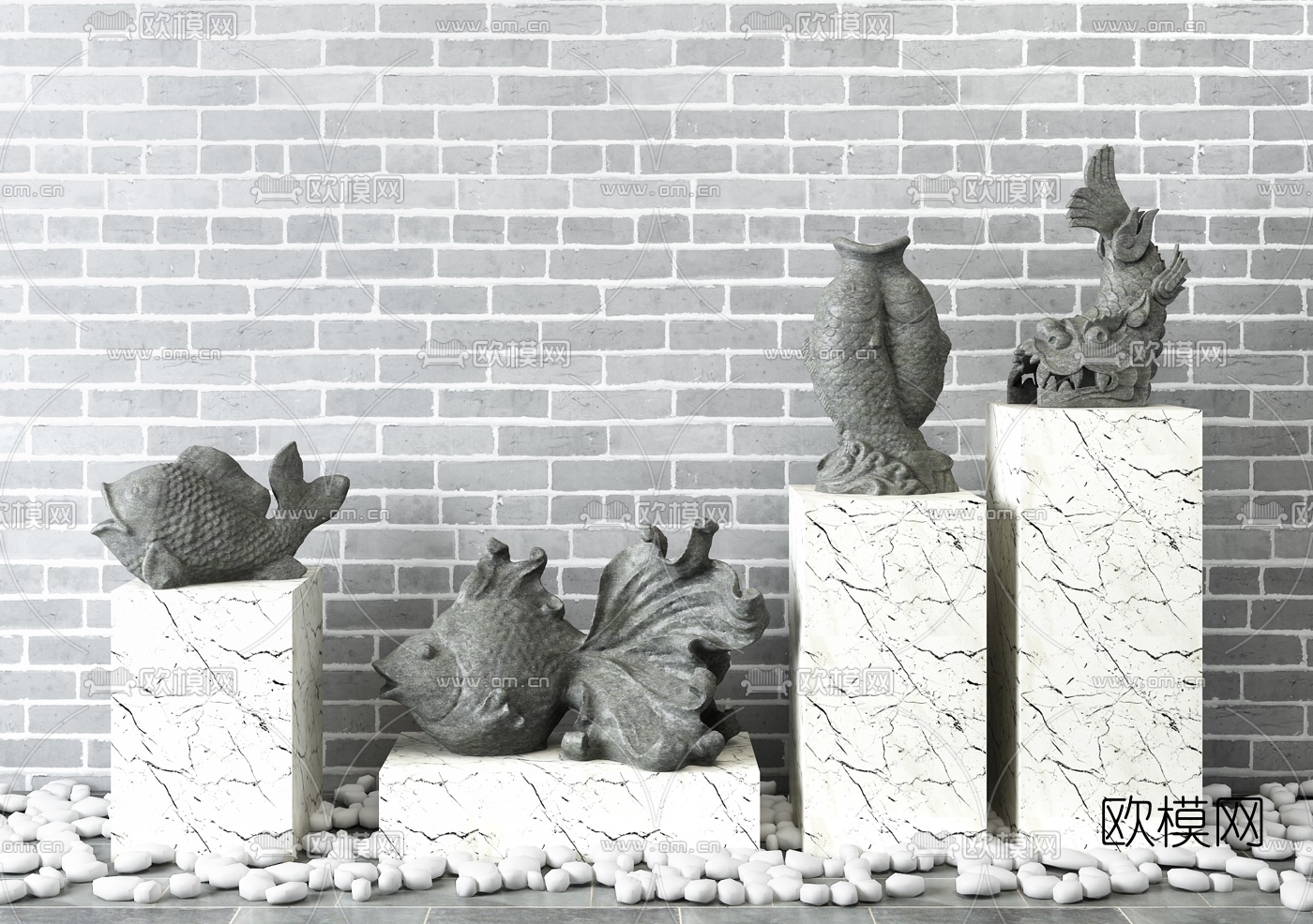 中式大理石柱景观鱼雕塑组合3D模型下载