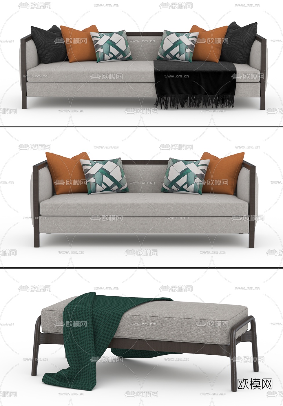 新中式多人沙发脚踏组合3d模型下载
