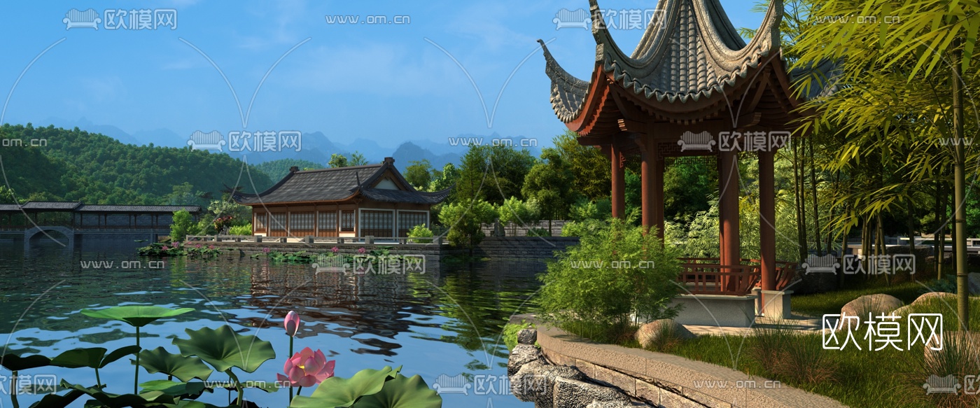 新中式湖泊园林景观3d模型