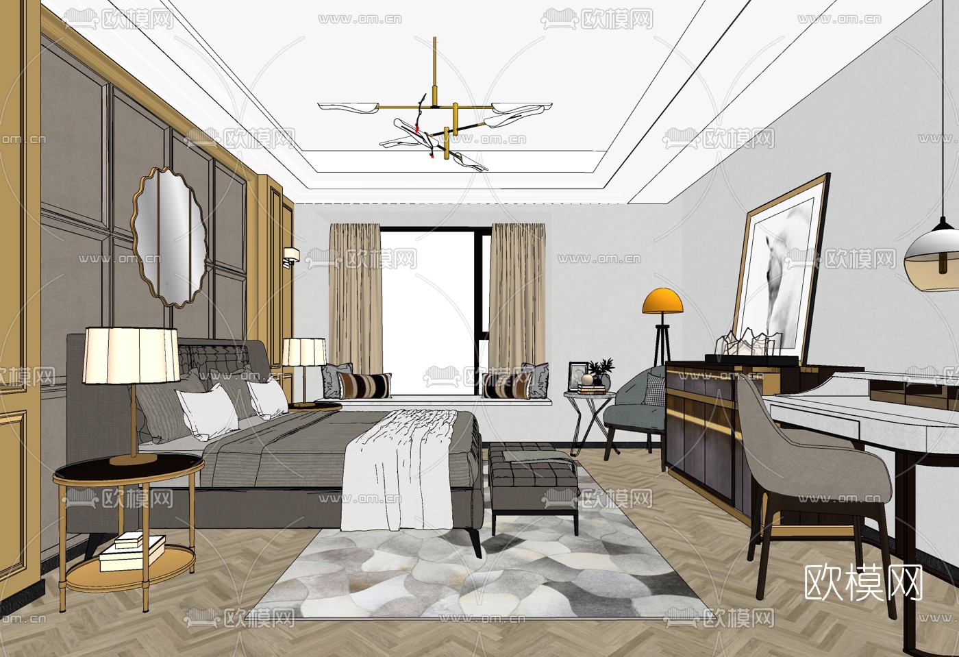 后现代轻奢卧室主人房su模型下载