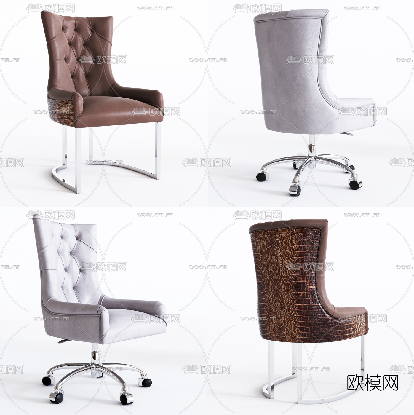 意大利Rugiano简欧皮革休闲椅办公椅组合3D模型下载（渲染图1）