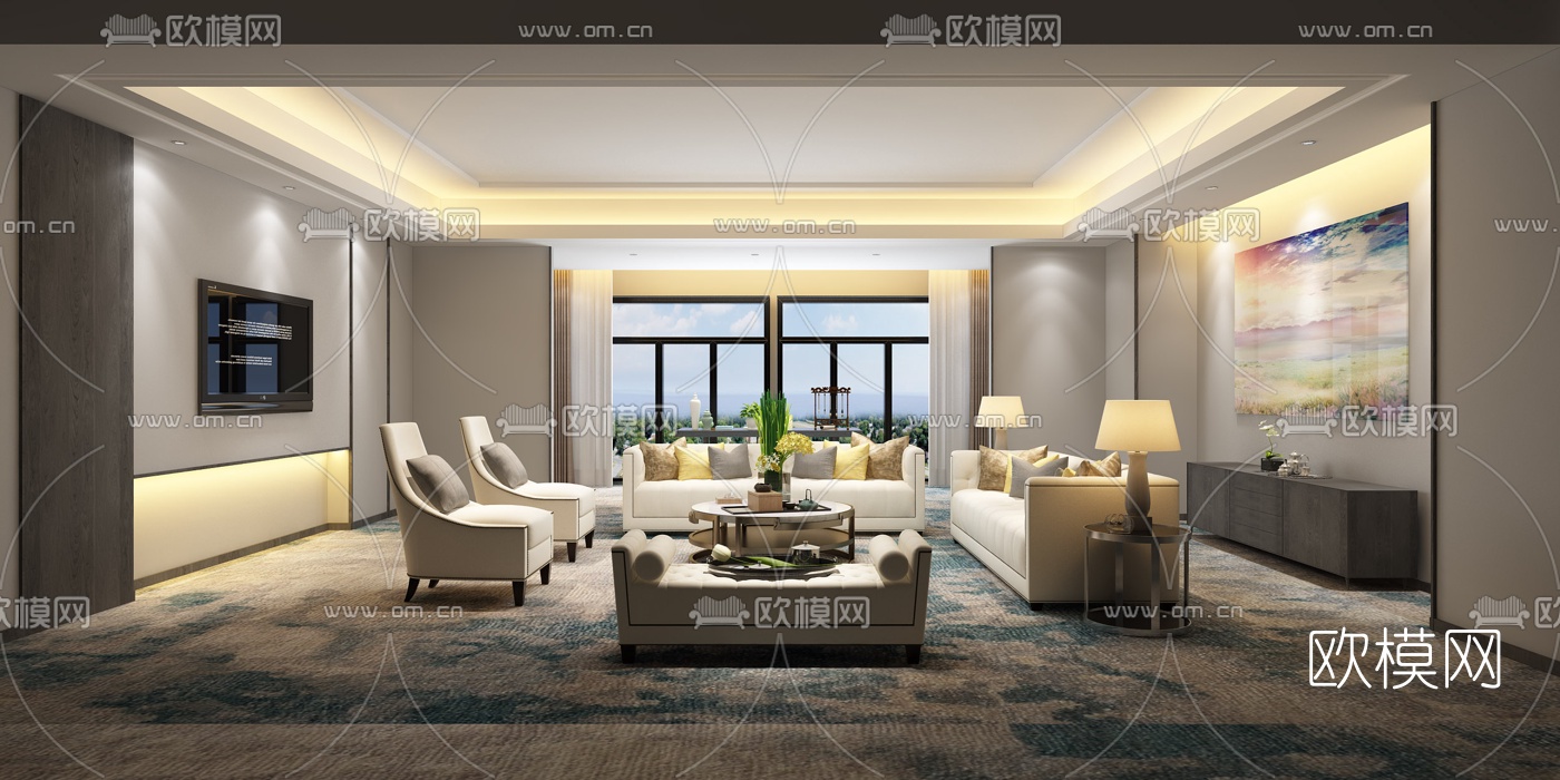 现代会所会客厅3D模型-免费3dmax模型库-欧模网